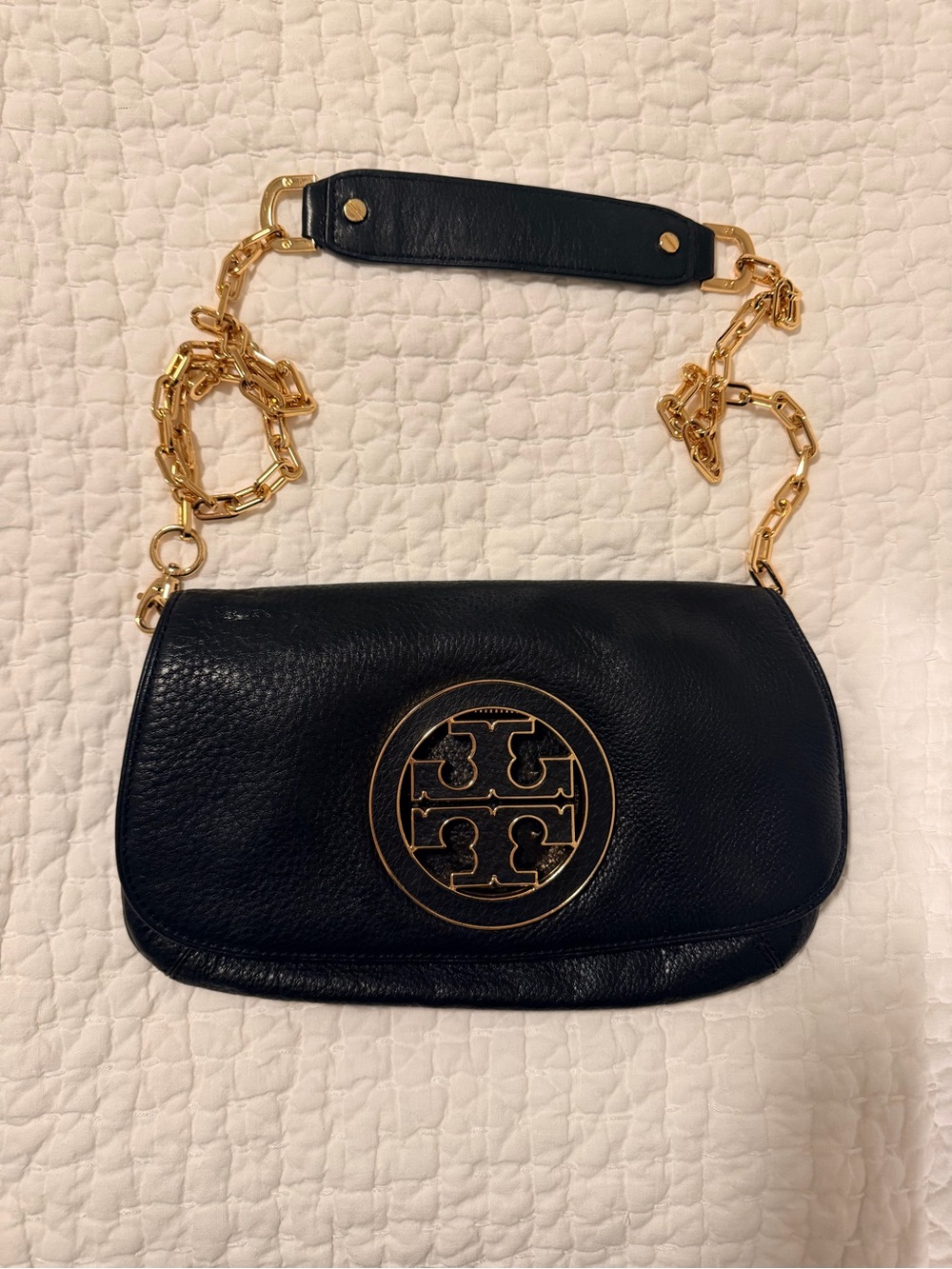 Tory Burch Black Leather Shoulder Bag with Gold Chain and Logo
